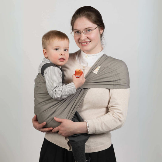 Babytragetuch ohne Binden und Knoten JOEYTUCH Edelgrau Hüftsitz