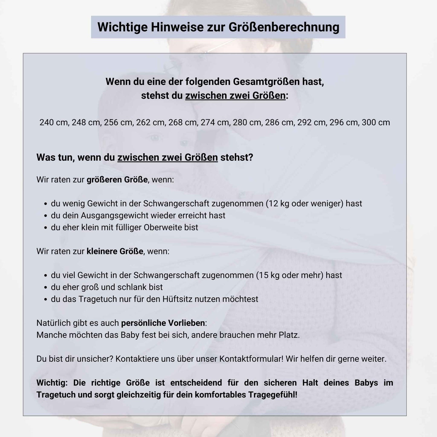 Babytragetuch ohne Binden und Knoten JOEYTUCH Nachtblau Groessenberechnung Hinweise