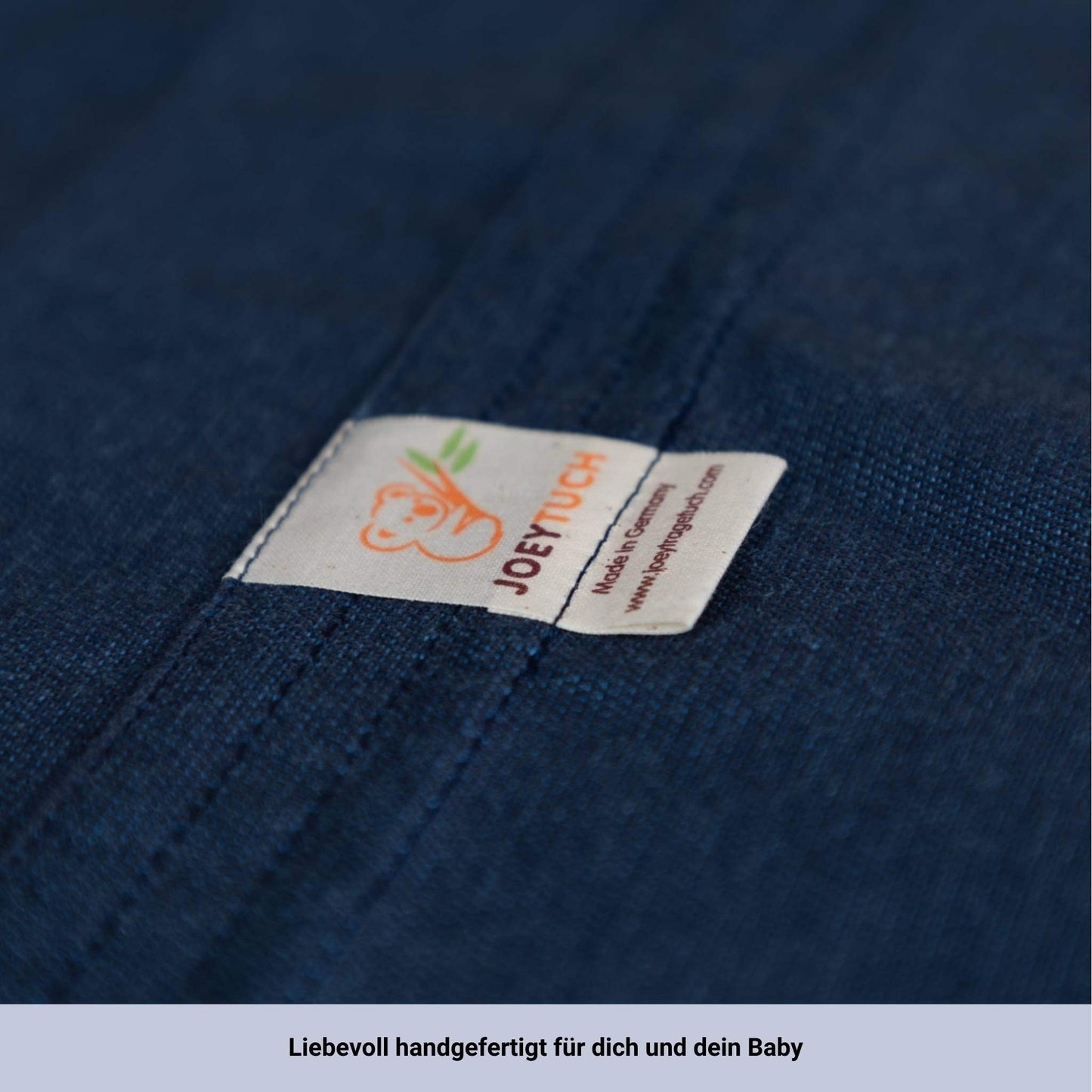 Babytragetuch ohne Binden und Knoten JOEYTUCH Nachtblau Logo liebevoll handgefertigt