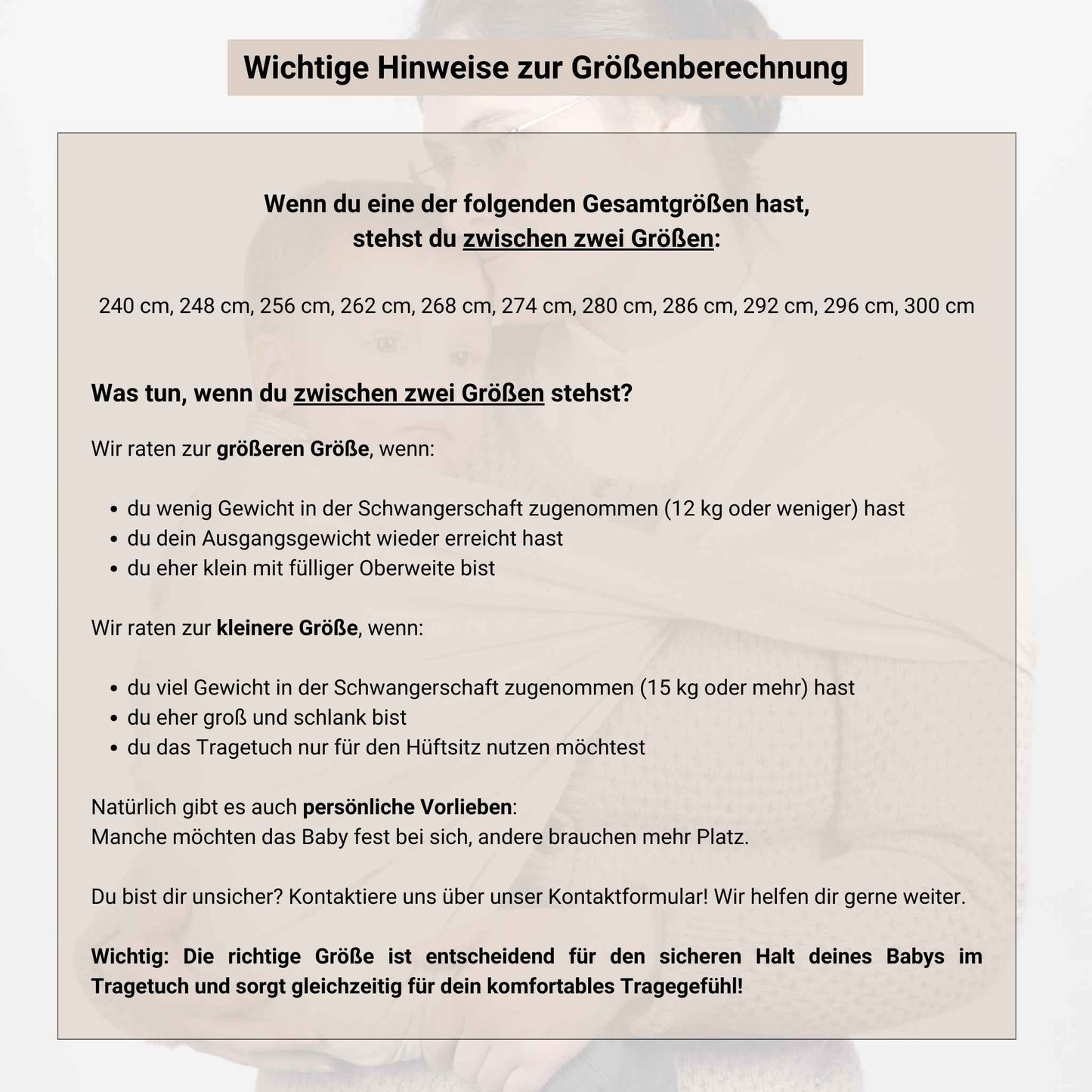 Babytragetuch ohne Binden und Knoten JOEYTUCH Natur Groessenberechnung Hinweise