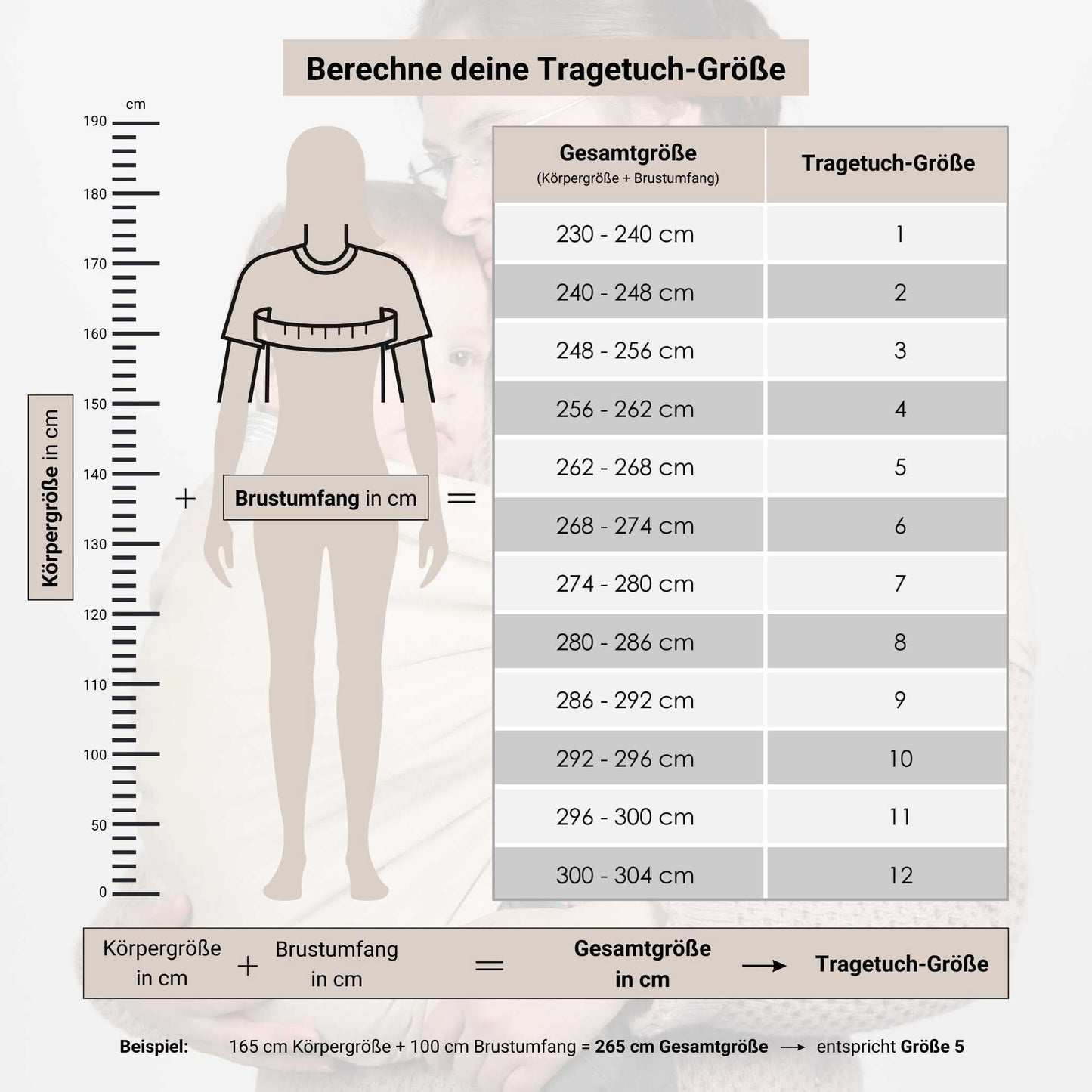 Babytragetuch ohne Binden und Knoten JOEYTUCH Natur Groessentabelle
