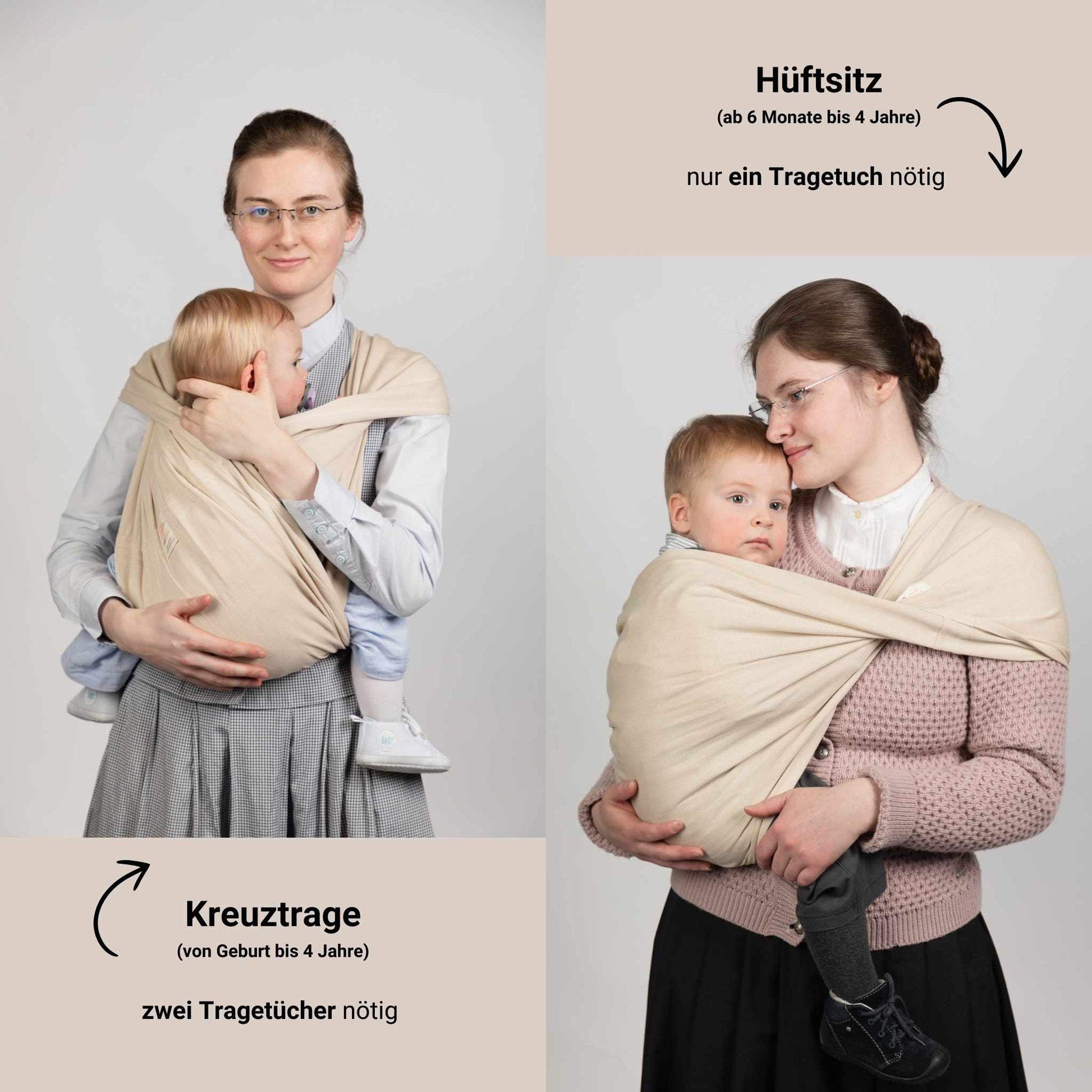 Babytragetuch ohne Binden und Knoten JOEYTUCH Natur Vergleich Kreuztrage/Hüftsitz