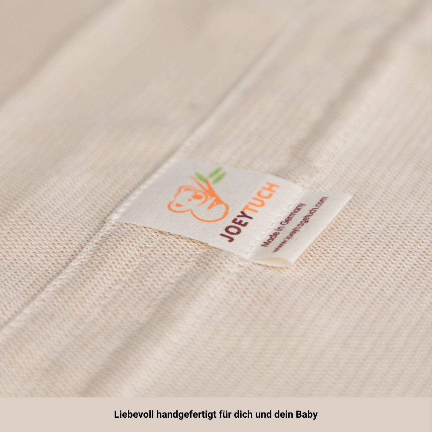 Babytragetuch ohne Binden und Knoten JOEYTUCH Natur Logo liebevoll handgefertigt